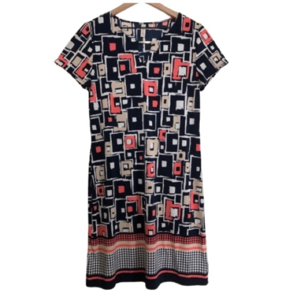 Tacera Lightweight Geometric Short Sleeve Key Hole Midi Shift Dress Medium